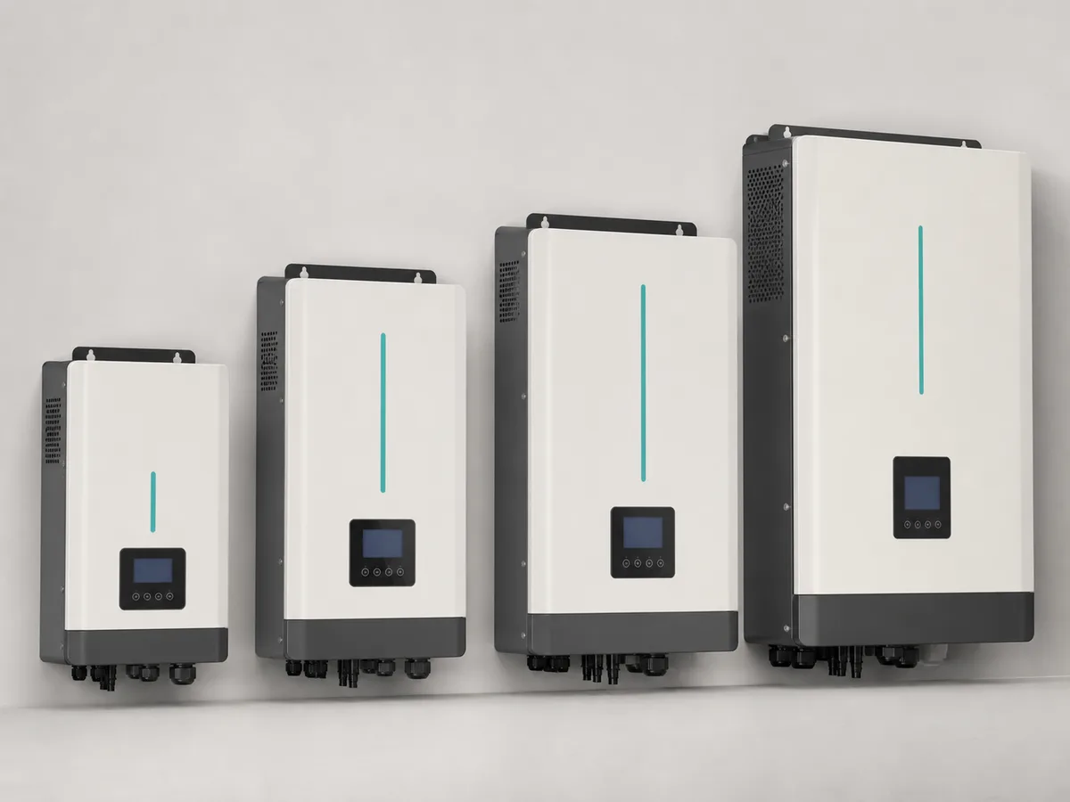 AI-generated representative image of slim high-frequency solar inverters in graduated sizes
