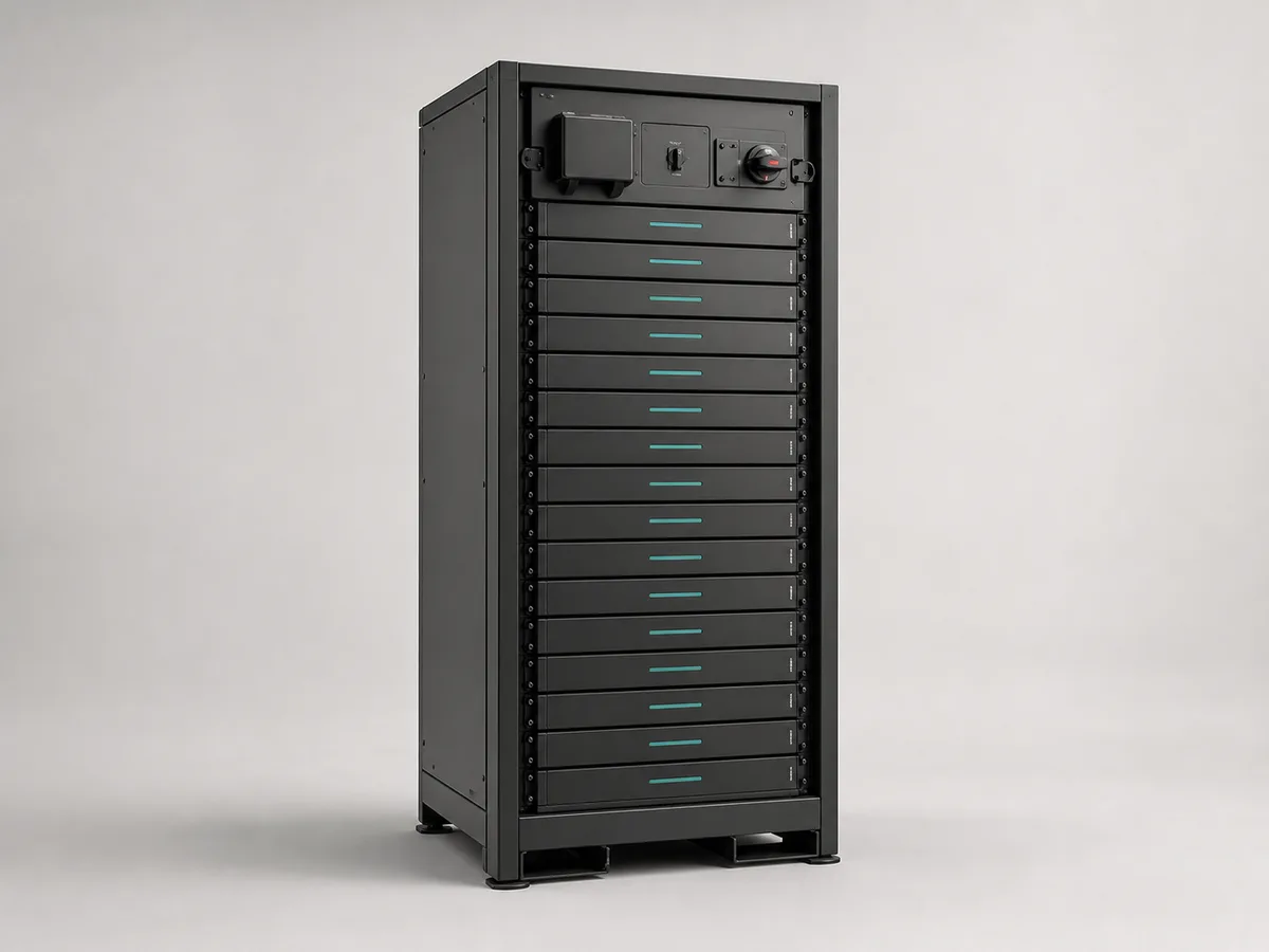 AI-generated representative image of a high-voltage modular battery stack in an industrial rack