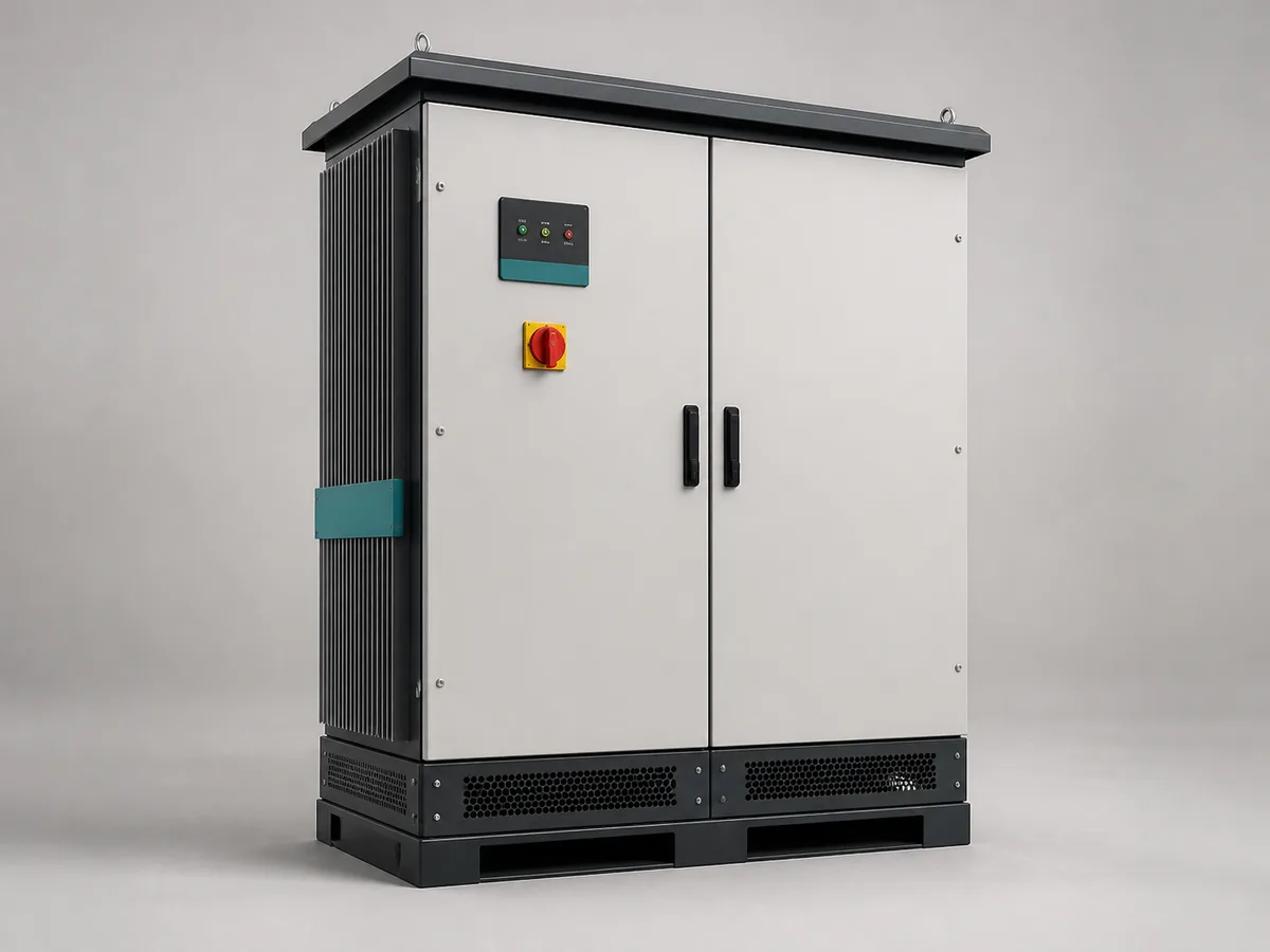 AI-generated representative image of a floor-standing high-voltage three-phase industrial solar inverter cabinet