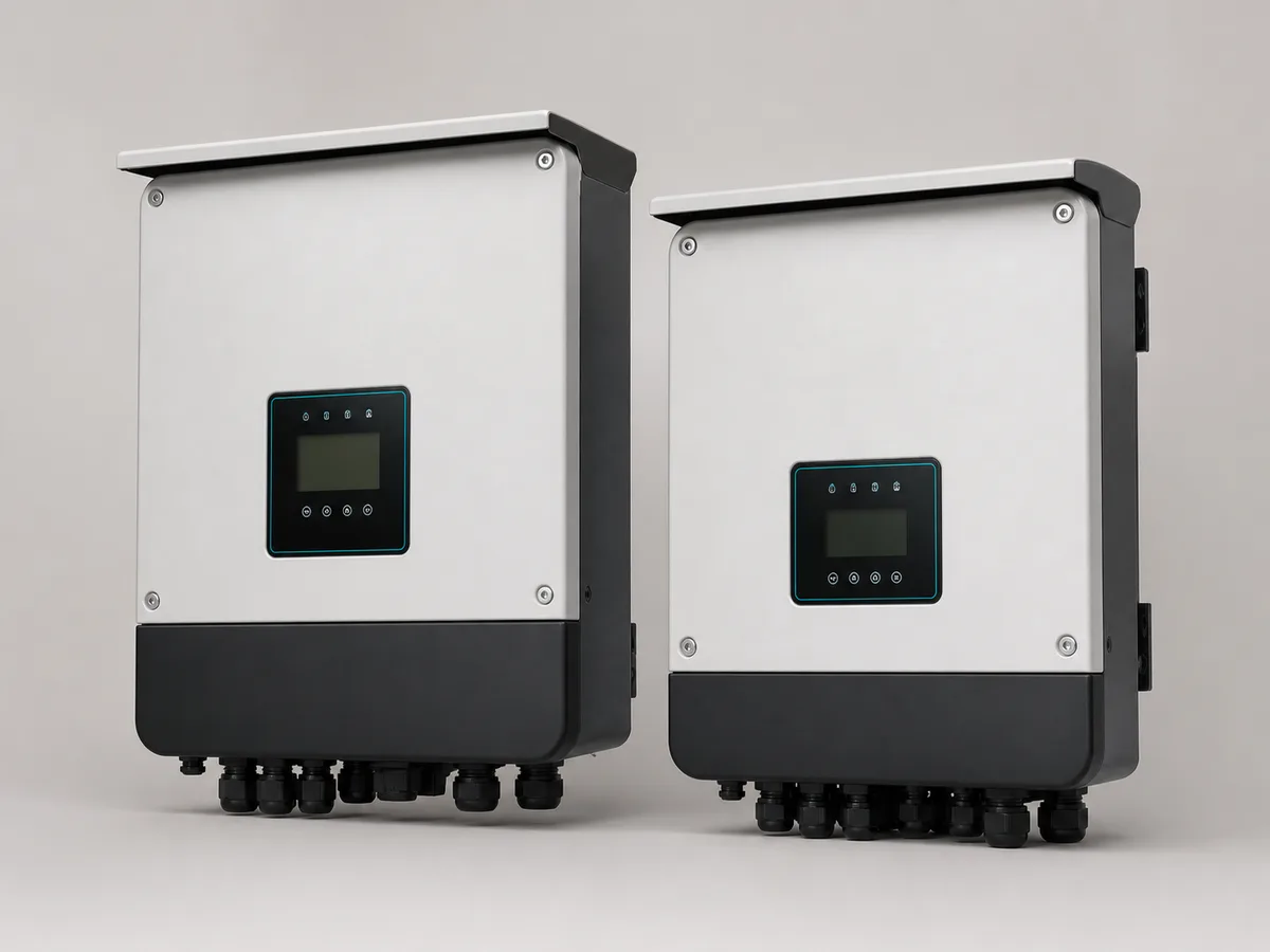 AI-generated representative image of two weather-resistant low-voltage single-phase solar inverters