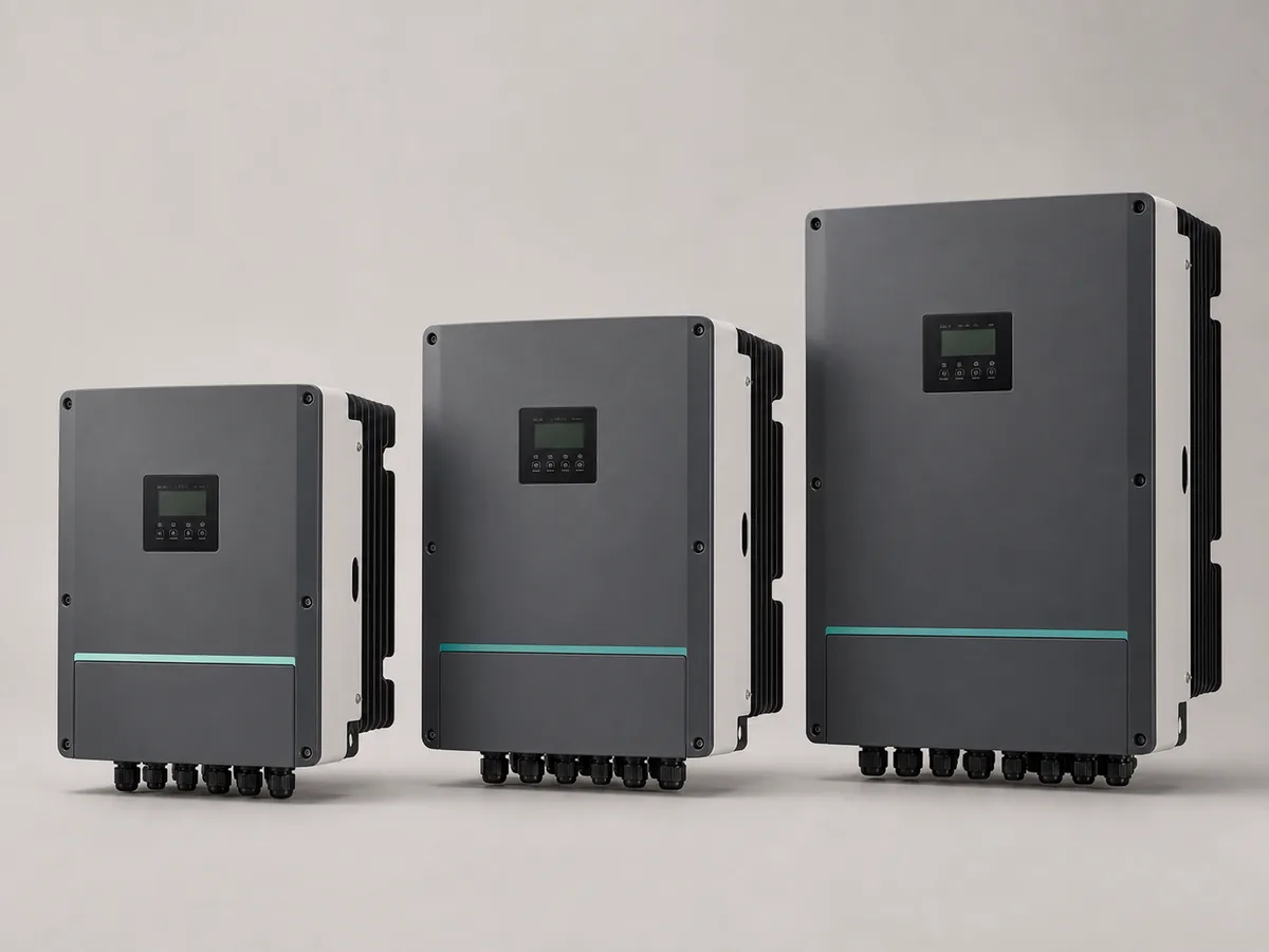 AI-generated representative image of weather-resistant low-voltage three-phase solar inverters in graduated sizes