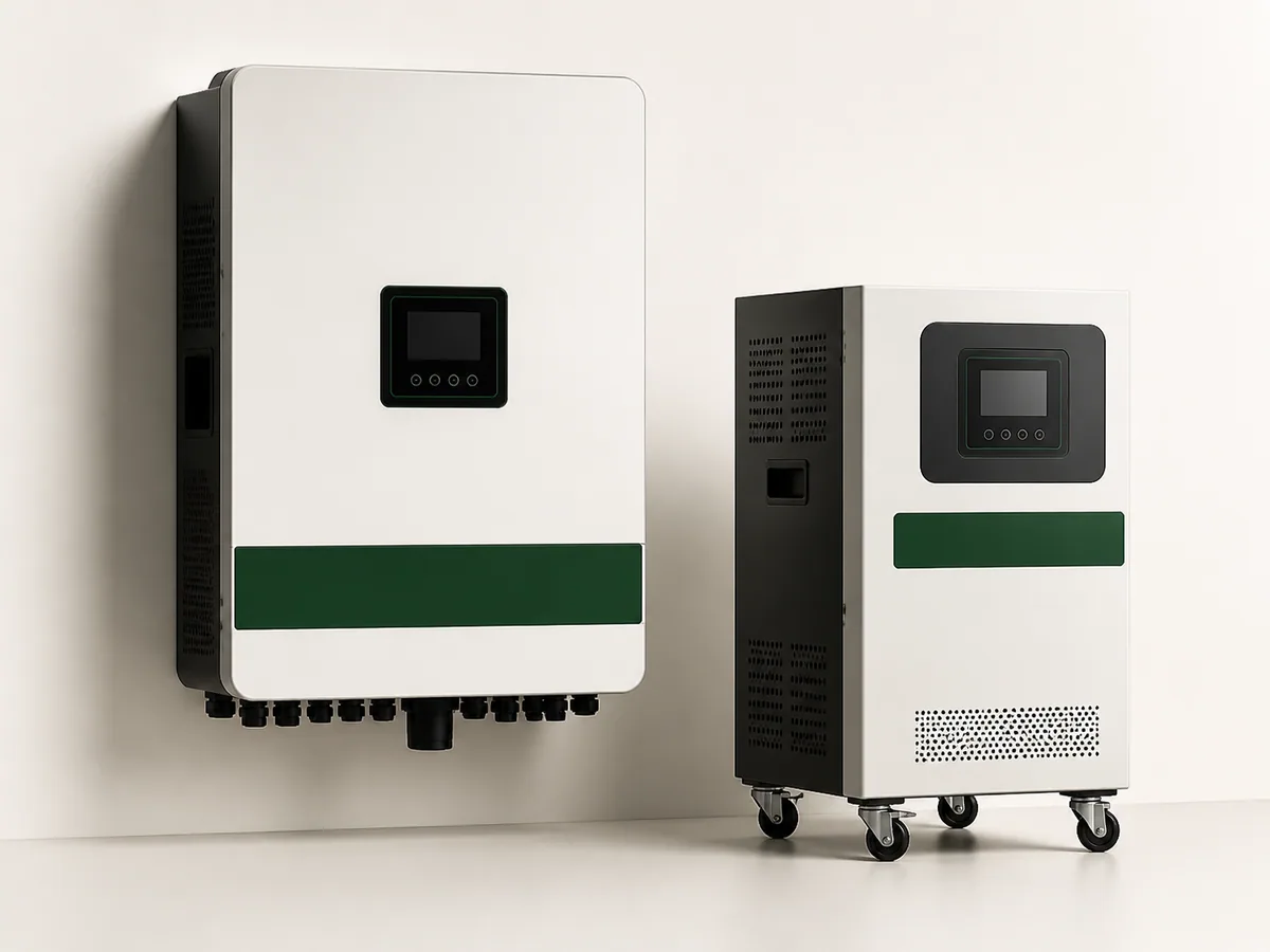 Representative catalogue image of wall-mounted and floor-standing solar inverters