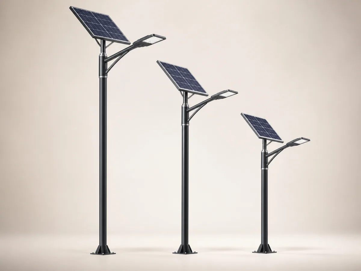 Representative catalogue image of three solar street-light poles with panels and LED luminaires