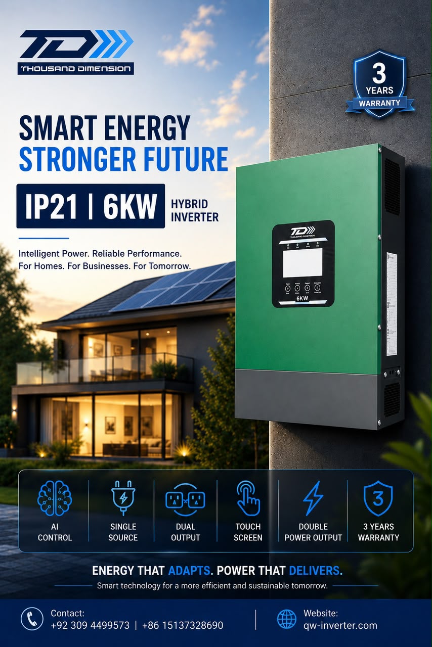Promotional image of a Thousand Dimension green IP21-rated 6 kW hybrid inverter