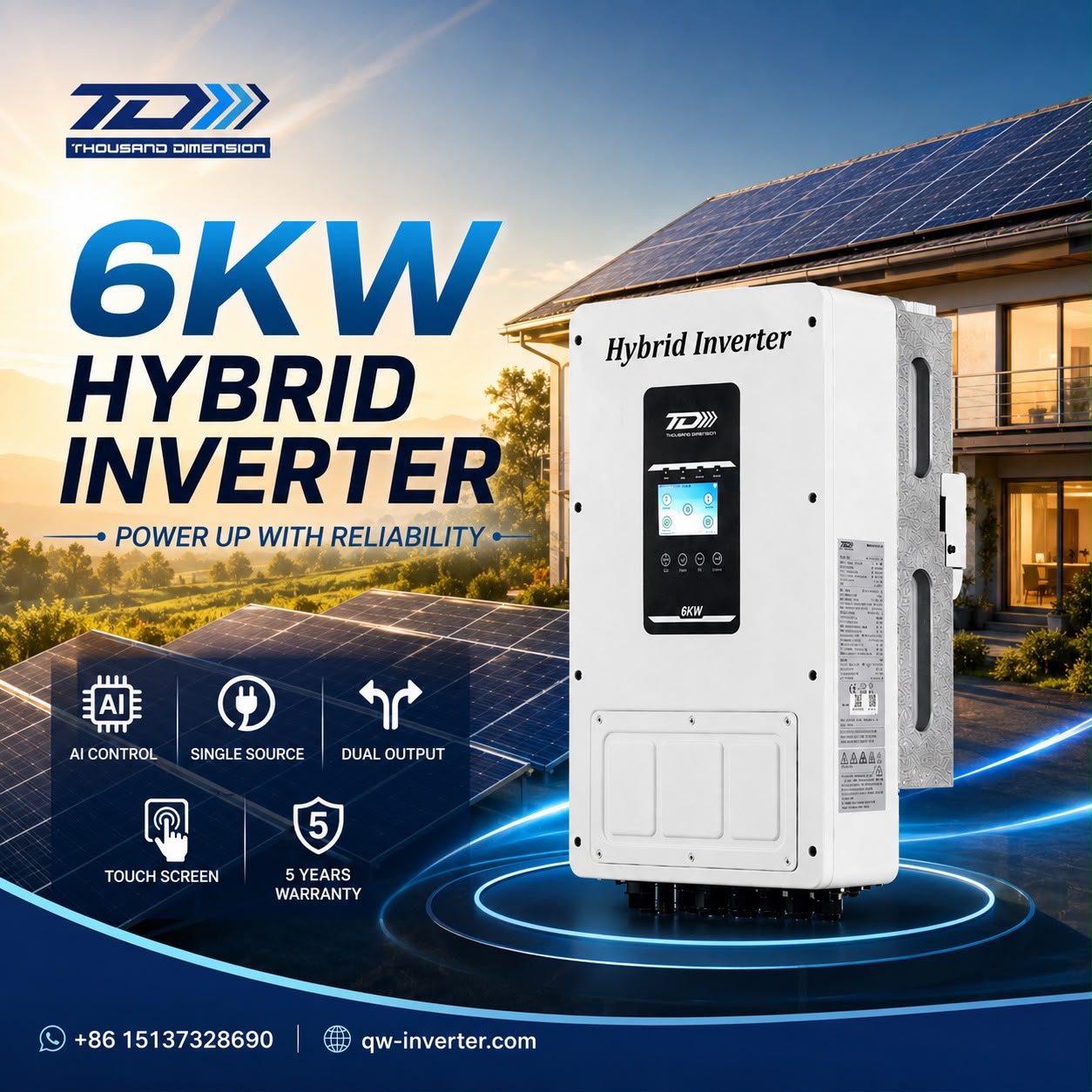 Promotional image of a Thousand Dimension white IP65-rated 6 kW hybrid inverter