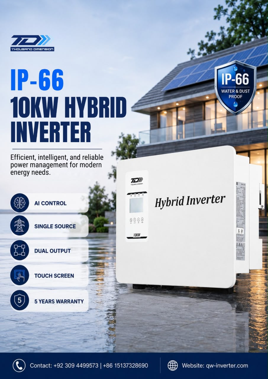 Promotional image of a Thousand Dimension white IP66-rated 10 kW hybrid inverter