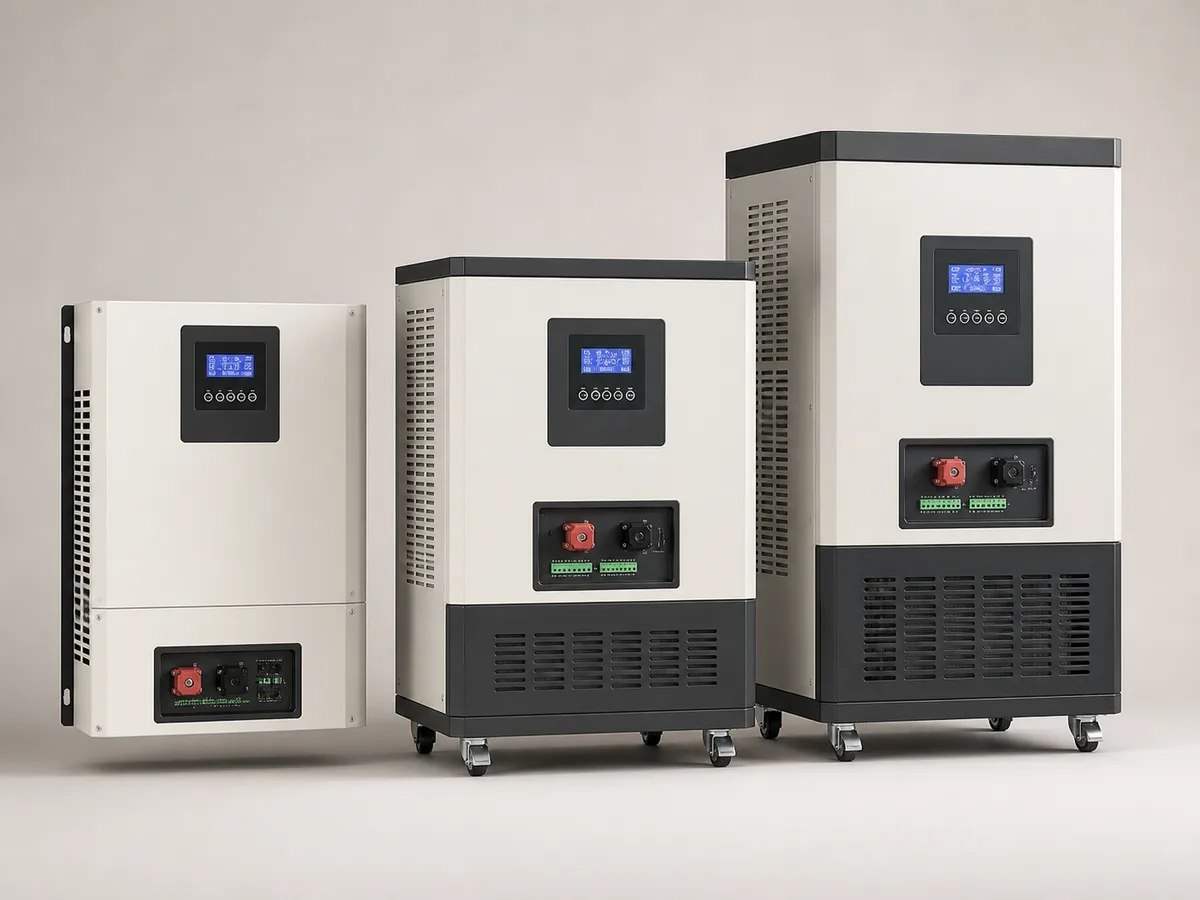AI-generated representative image of transformer-based solar inverters in graduated sizes