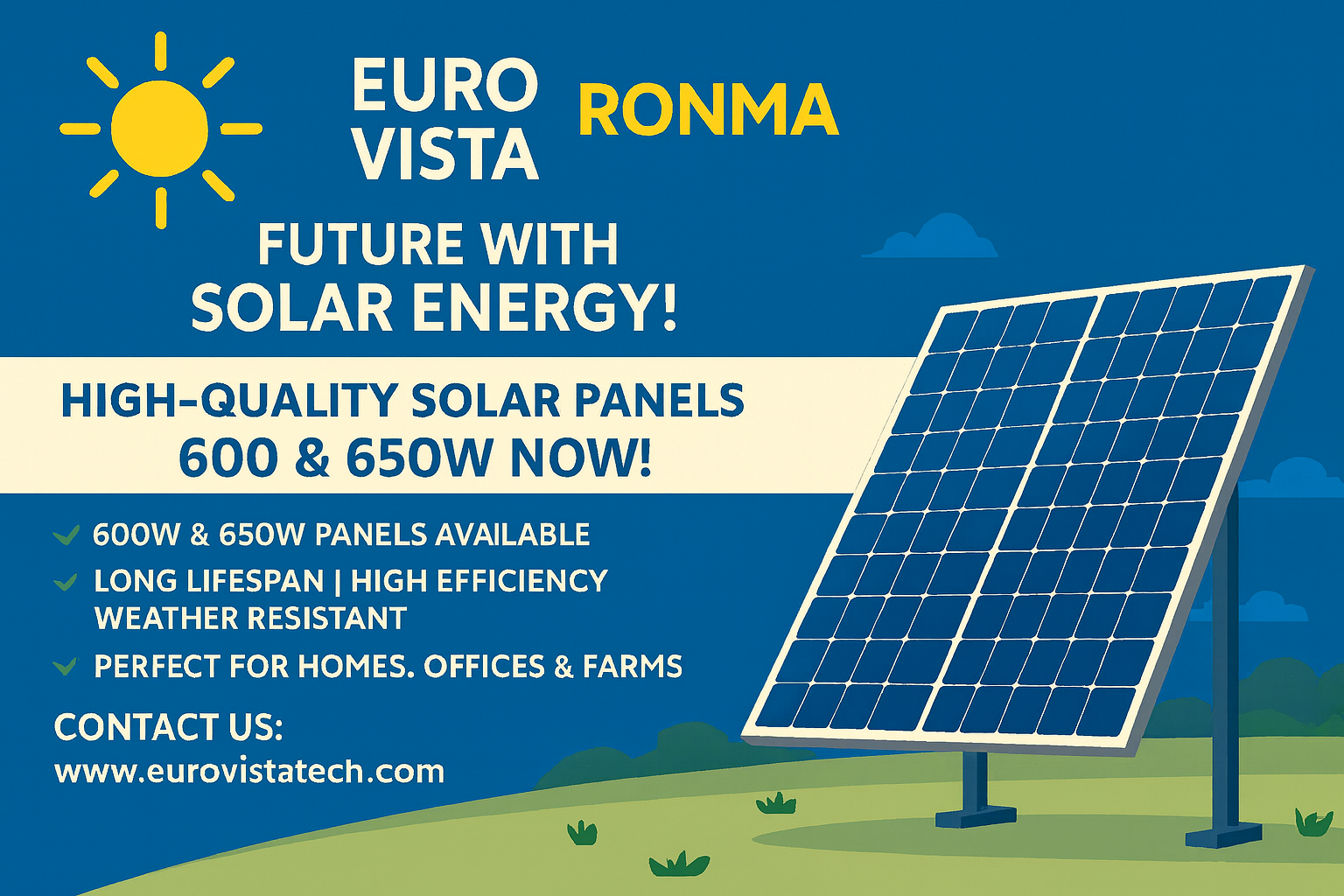 Advertisement for EuroVista Ronma solar panels with a solar panel on a grassy field background.