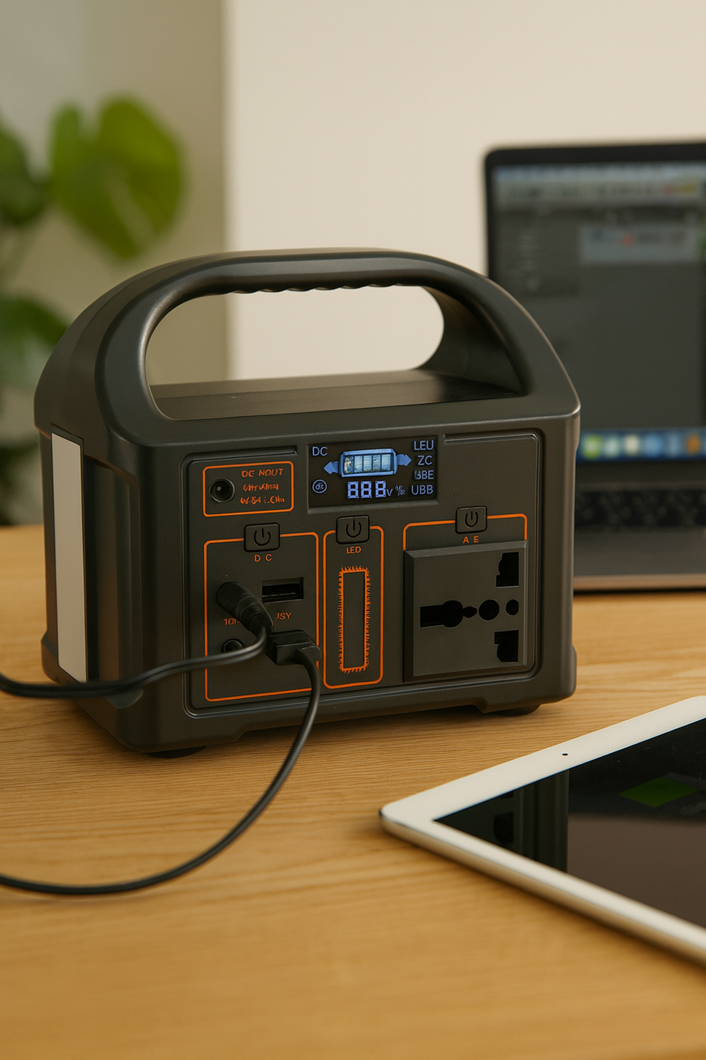 Portable power station on a table with laptop and tablet in the background