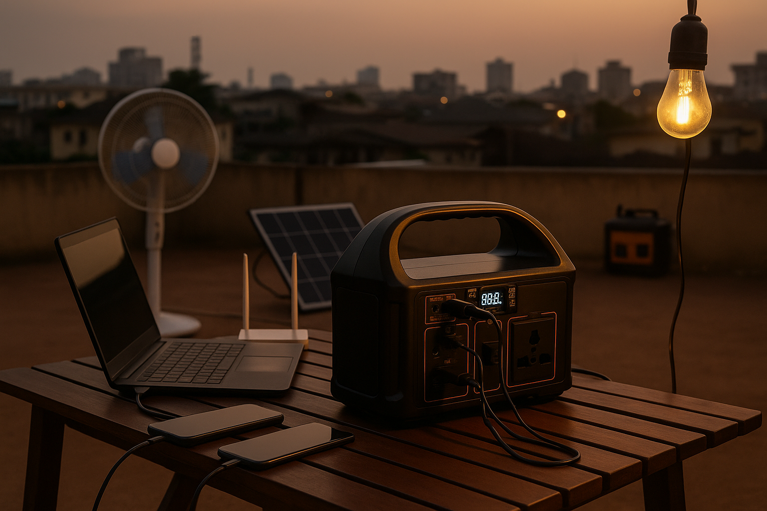 Portable power station with solar panel, laptop, and phone on a wooden table at sunset.