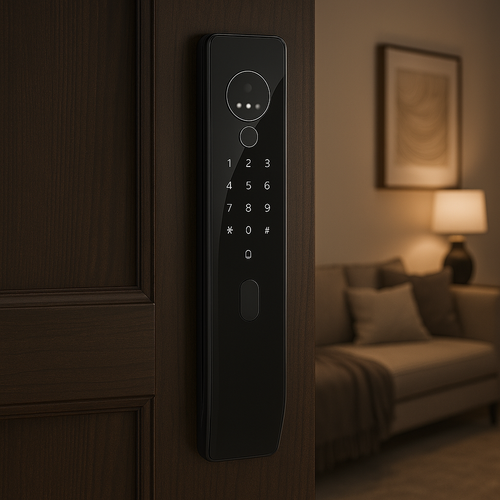 Smart door lock on a wooden door with a blurred living room in the background