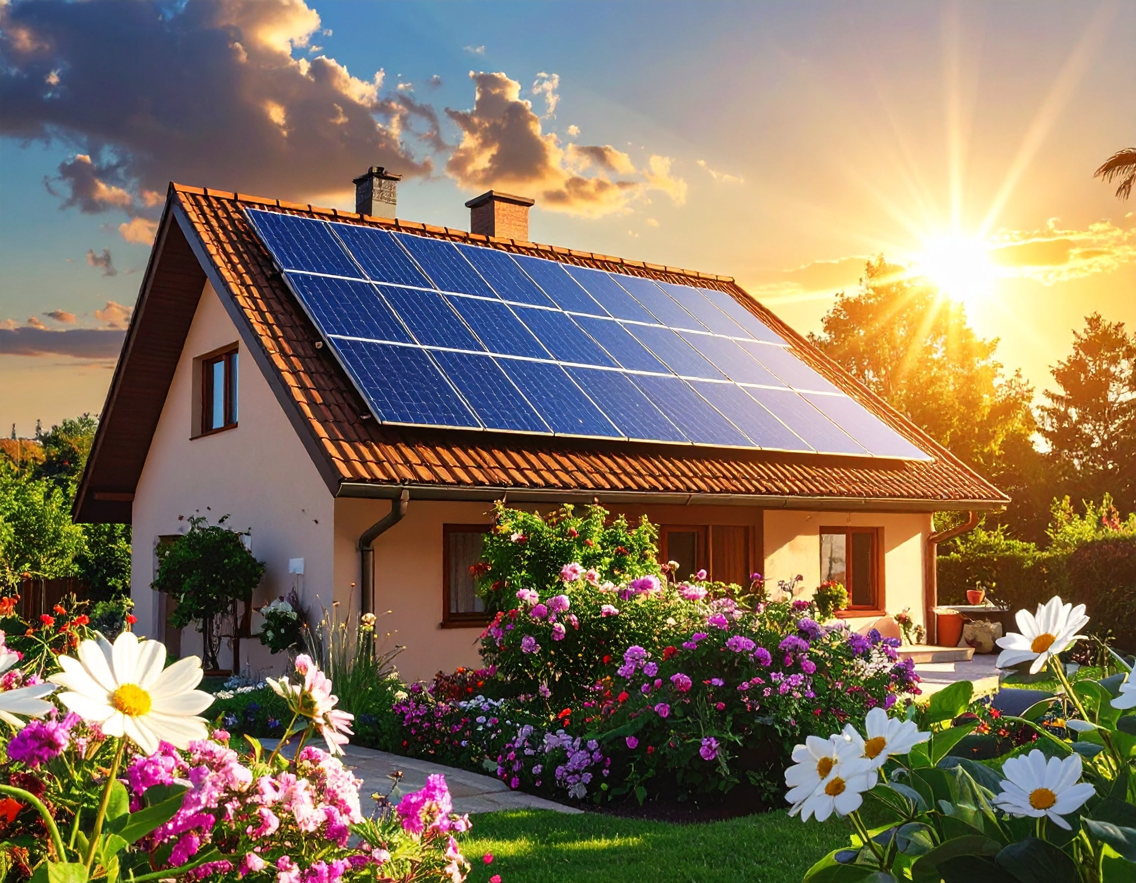 House with solar panels on the roof, surrounded by flowers and greenery