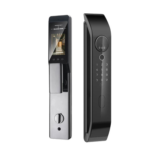 Digital door lock with touch screen and keypad on a white background